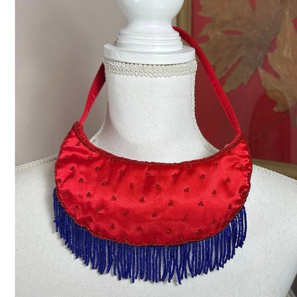Small Beaded Purse with Fringe “LUCKY” Red, White, and Blue - Picture 2 of 2